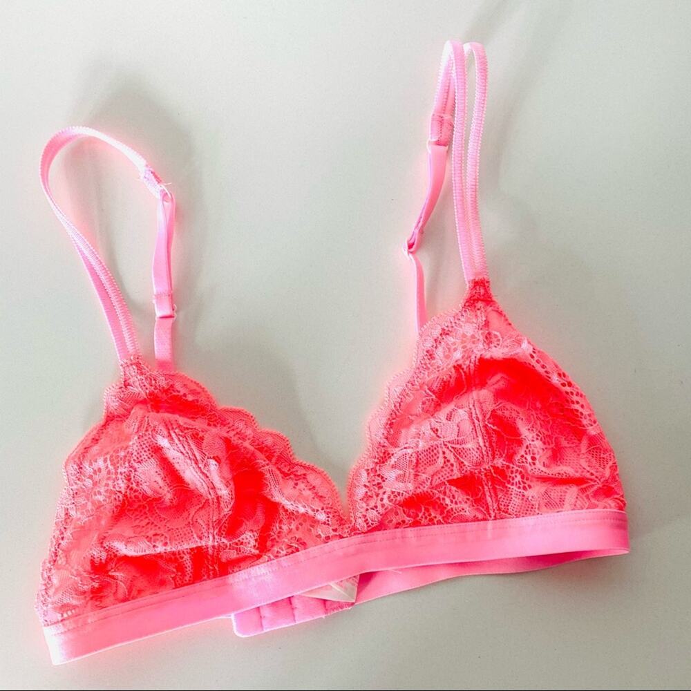 NEW VS VICTORIAS SECRET Pink Hot Neon Contrast Lace Triangle Bra Bralette XS